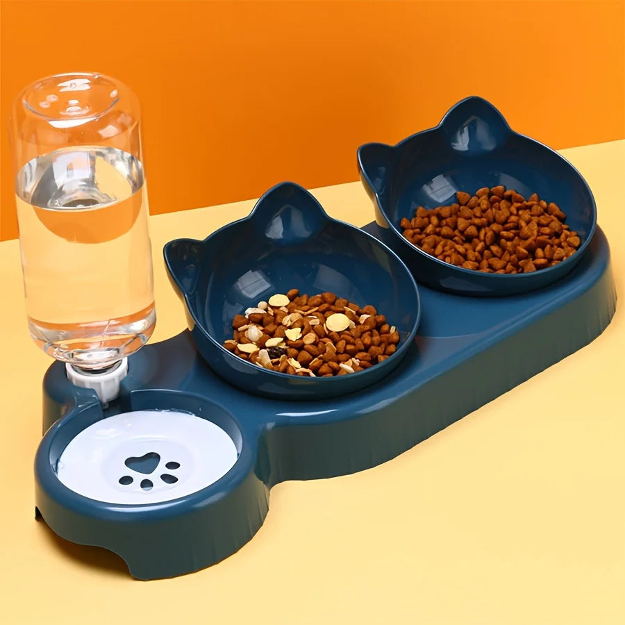 "FurEase™ TiltBowl Station – Cat & Dog Feeding Set with Automatic Water Refill Bottle"