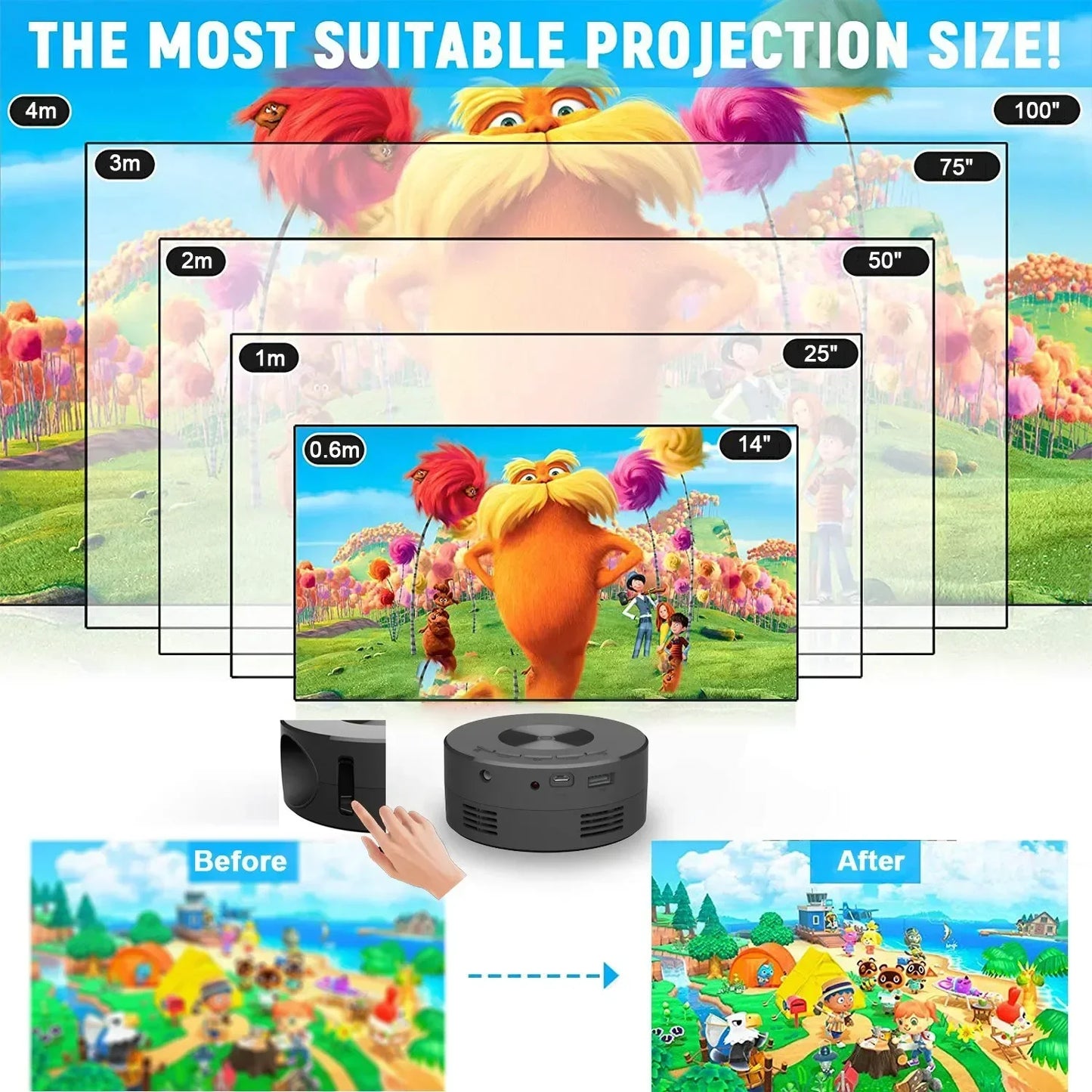 Mini Home Theater Projector, 180°Flexible Projection Angle 1080P Native USB Supports Smartphone Screen Sharing Suitable for Home