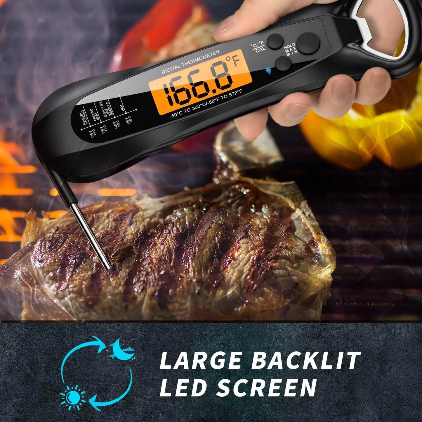 Instant Read Meat Thermometer for Cooking, Fast & Precise Digital Food Thermometer with Backlight, Magnet, Calibration, kitchen