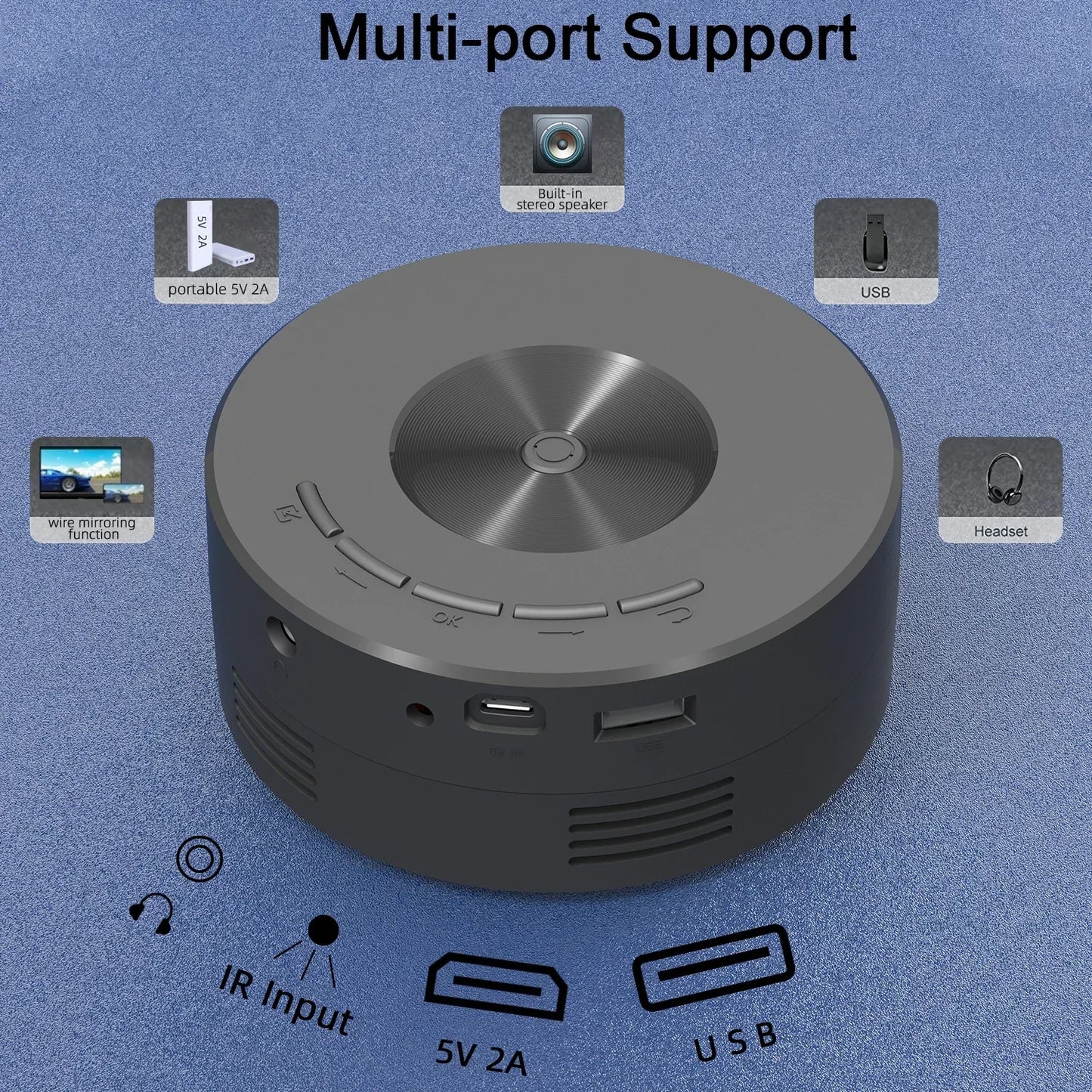 Mini Home Theater Projector, 180°Flexible Projection Angle 1080P Native USB Supports Smartphone Screen Sharing Suitable for Home