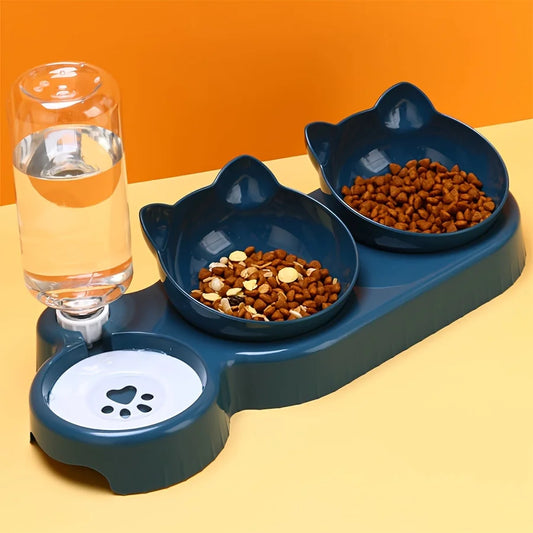 "FurEase™ TiltBowl Station – Cat & Dog Feeding Set with Automatic Water Refill Bottle"