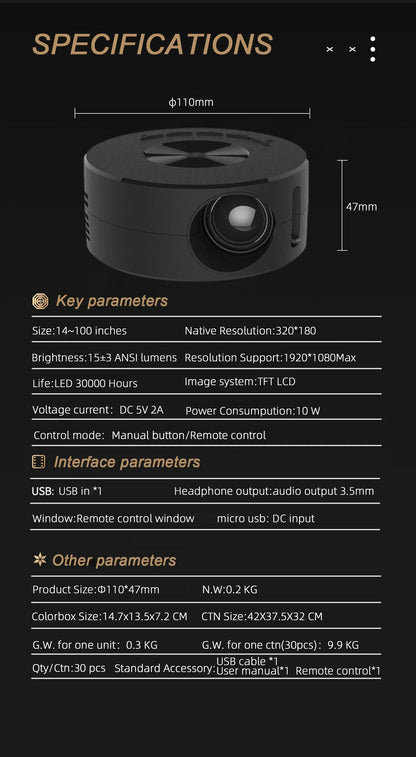 Mini Home Theater Projector, 180°Flexible Projection Angle 1080P Native USB Supports Smartphone Screen Sharing Suitable for Home